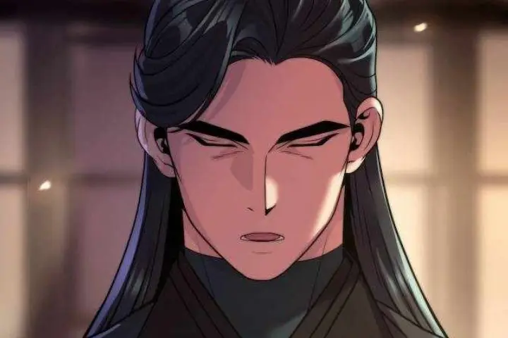 A serious male character with long dark hair and closed eyes from Chronicles Of The Demon Faction Chapter 148, portraying deep emotions and consequences.