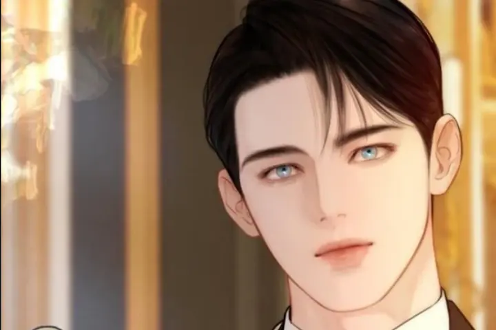 Handsome animated man with light skin, blue eyes, styled dark hair, wearing a suit, looking calmly in an elegant warm-lit room, scene related to Cry or Better Yet Beg Chapter 73.