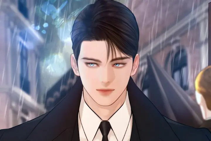 A handsome dark-haired man in a black coat standing in the rain, illustrated in the manhwa Cry, or Better Yet, Beg Chapter 71.