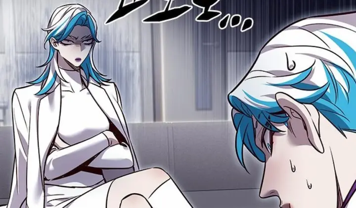 Eleceed Chapter 378 scene, intense conversation between two key characters with blue hair, emotional tension and dramatic atmosphere in the manga panel.