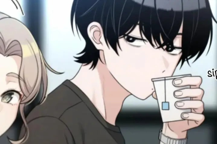 A black-haired anime boy sipping tea quietly, looking sideways with a calm and mysterious expression, manhwa style.