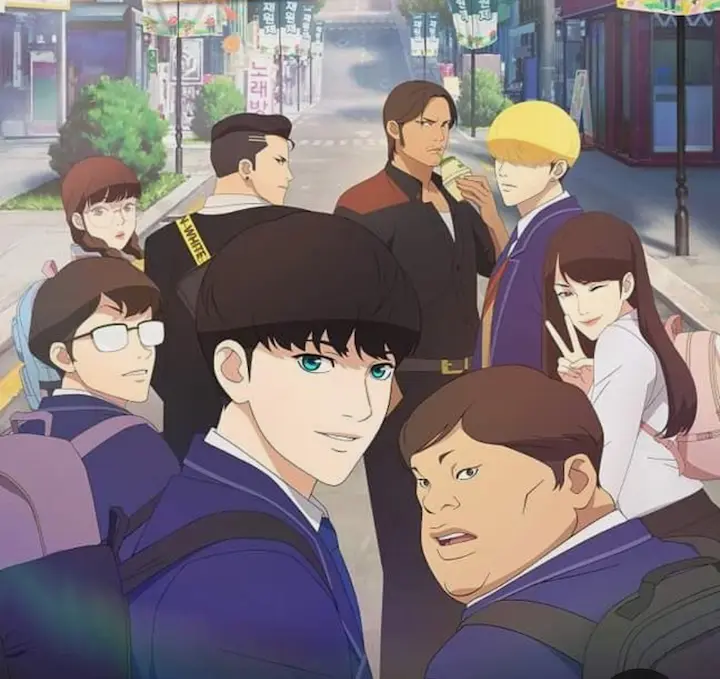 Group confrontation scene in Lookism Chapter 582, mysterious injured character surrounded by men, dark past revealed.