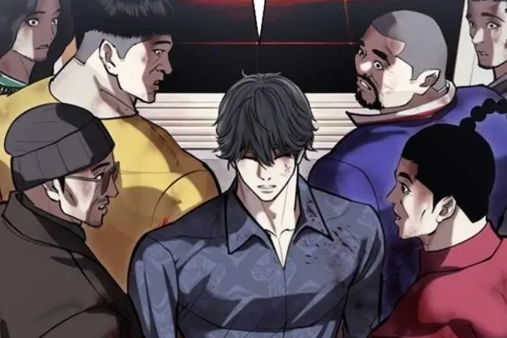 Group confrontation scene in Lookism Chapter 582, mysterious injured character surrounded by men, dark past revealed.