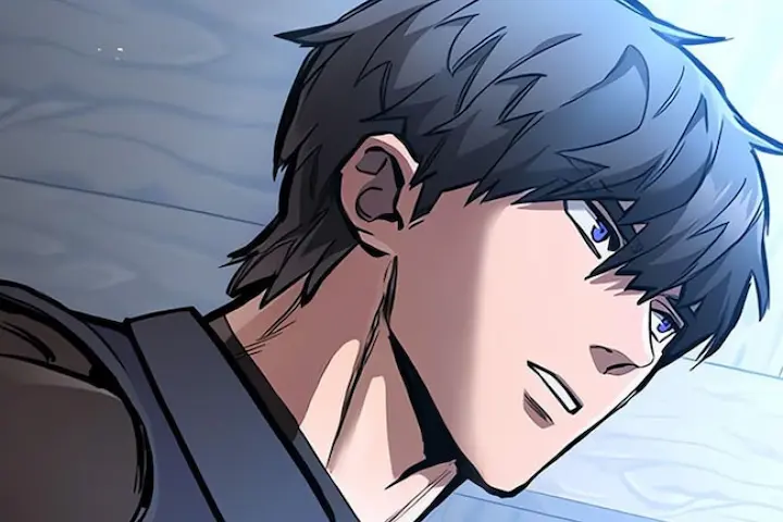 A serious young knight with dark hair looks ahead with determination under a soft blue light, scene from Eternally Regressing Knight Chapter 85 Manhwa.
